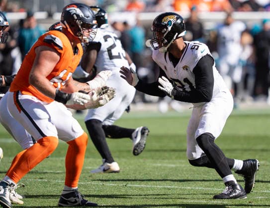 Sep 20, 2026; Jacksonville Jaguars wide receiver Austin Trammell (81) battles Denver Broncos offensive tackle Mike McGlinchey (69) during the game between the Denver Broncos and Jacksonville Jaguars in Denver, CO, USA; at Empower Field at Mile High. Mandatory Credit: -Cal Media NFL, American Football Herren, USA 2026: Jaguars Vs Broncos SEP 20  - ZUMAc04_ 20260920_zma_c04_275 Copyright: xDerekxRegensburgerx