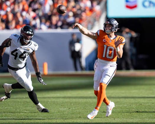 Sep 20, 2026; Denver Broncos quarterback Bo Nix (10) throws a pass during the game between the Denver Broncos and Jacksonville Jaguars in Denver, CO, USA; at Empower Field at Mile High. Mandatory Credit: -Cal Media NFL, American Football Herren, USA 2026: Jaguars Vs Broncos SEP 20  - ZUMAc04_ 20260920_zma_c04_278 Copyright: xDerekxRegensburgerx