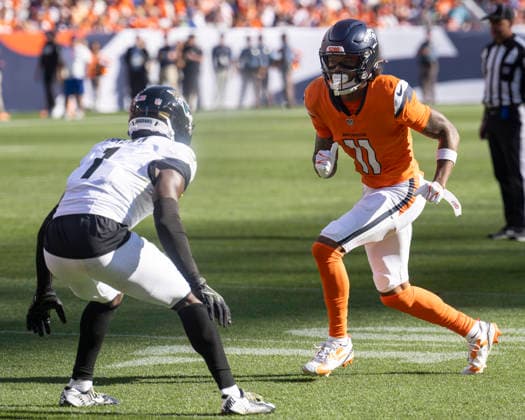 Sep 20, 2026; Denver Broncos wide receiver Troy Franklin (11) runs a route during the game between the Denver Broncos and Jacksonville Jaguars in Denver, CO, USA; at Empower Field at Mile High. Mandatory Credit: -Cal Media NFL, American Football Herren, USA 2026: Jaguars Vs Broncos SEP 20  - ZUMAc04_ 20260920_zma_c04_283 Copyright: xDerekxRegensburgerx
