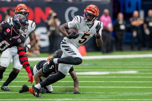 September 20, 2026: Cincinnati Bengals wide receiver Tee Higgins (5) runs after making a catch during a game between the Cincinnati Bengals and the Houston Texans in Houston, TX. .. CSM NFL, American Football Herren, USA 2026: Bengals Vs Texans SEP 20  - ZUMAc04_ 20260920_zma_c04_372 Copyright: xTraskxSmithx