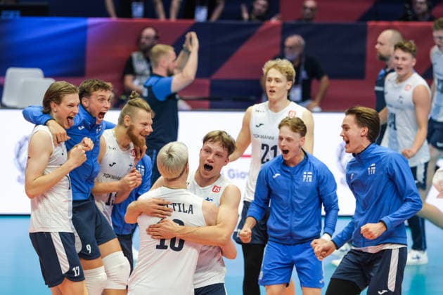 September 20, 2026, Turin, Italy: The Finland players celebrate a point during the Final Eight of the CEV Enel EuroVolley 2026 Men s match between Finland and Greece at PalaVela. Finland wins against Greece with a score 3-2. Finland Vs Greece In Turin, Italy - 20 Sep 2026  - ZUMAs197 20260920_aaa_s197_618 Copyright: xDavidexDixLallax