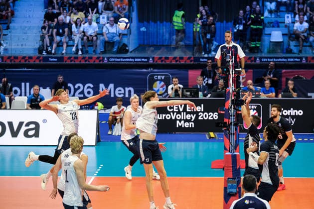 September 20, 2026, Turin, Italy: Nooa Marttila of Finland (L) seen in action during the Final Eight of the CEV Enel EuroVolley 2026 Men s match between Finland and Greece at PalaVela. Finland wins against Greece with a score 3-2. Finland Vs Greece In Turin, Italy - 20 Sep 2026  - ZUMAs197 20260920_aaa_s197_633 Copyright: xDavidexDixLallax