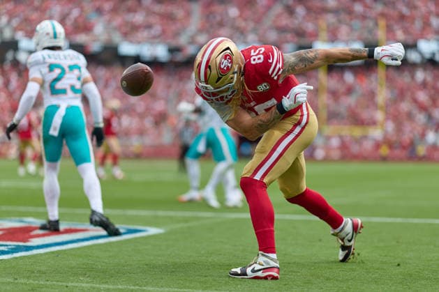 SANTA CLARA, CA - SEPTEMBER 20: Tight end George Kittle (85) of the San Francisco 49ers celebrates after scoring a touchdown against the Miami Dolphins during a game at Levi s Stadium on September 20, 2026 in Santa Clara, California. (Photo by Robin Alam Icon Sportswire) NFL, American Football Herren, USA SEP 20 Dolphins at 49ers EDITORIAL USE ONLY Icon1642509280349