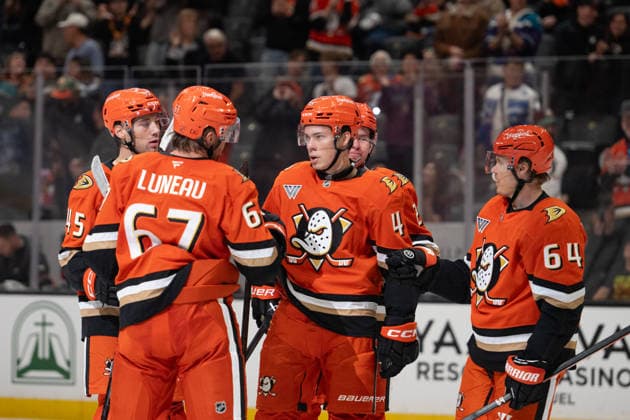 NHL, Eishockey Herren, USA San Jose Sharks At Anaheim Ducks Anaheim Ducks defender Nick Jensen (4) celebrates with teammates after a goal during an NHL game between the San Jose Sharks and the Anaheim Ducks at Honda Center in Anaheim, on September 20, 2026. Anaheim California United States  Copyright: xEdwinxSox originalFilename:so-nhlsanjo260920_nplKB.jpg
