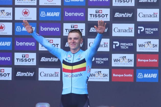UCI Road World Championship, WM, Weltmeisterschaft Montreal 2026 Gold medalist Remco Evenepoel of Belgium celebrates on the podium during the Men Elite Individual Time Trial medal ceremony at the 2026 UCI Road World Championships on September 20, 2026, in Montreal, Canada. (Photo by Horacio Zamora Eyepix Group) Copyright: xHoracioxZamora xEyepixxGroupx HZ_20092026_197354