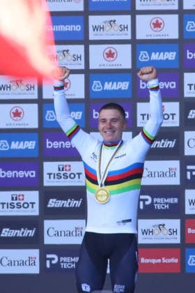 UCI Road World Championship, WM, Weltmeisterschaft Montreal 2026 Gold medalist Remco Evenepoel of Belgium celebrates on the podium during the Men Elite Individual Time Trial medal ceremony at the 2026 UCI Road World Championships on September 20, 2026, in Montreal, Canada. (Photo by Horacio Zamora Eyepix Group) Copyright: xHoracioxZamora xEyepixxGroupx HZ_20092026_197357