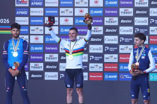 UCI Road World Championship, WM, Weltmeisterschaft Montreal 2026 (L-R) Silver medalist Filippo Ganna of Italy, gold medalist Remco Evenepoel of Belgium, and bronze medalist Paul Seixas of France celebrate on the podium during the Men Elite Individual Time Trial medal ceremony at the 2026 UCI Road World Championships on September 20, 2026, in Montreal, Canada. (Photo by Horacio Zamora Eyepix Group) Copyright: xHoracioxZamora xEyepixxGroupx HZ_20092026_197360
