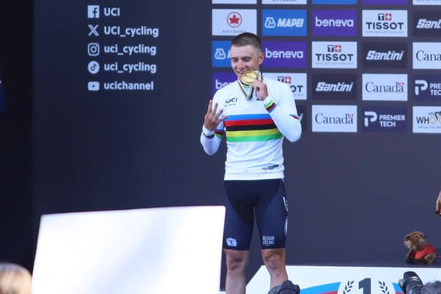 UCI Road World Championship, WM, Weltmeisterschaft Montreal 2026 Gold medalist Remco Evenepoel of Belgium celebrates on the podium during the Men Elite Individual Time Trial medal ceremony at the 2026 UCI Road World Championships on September 20, 2026, in Montreal, Canada. (Photo by Horacio Zamora Eyepix Group) Copyright: xHoracioxZamora xEyepixxGroupx HZ_20092026_197362