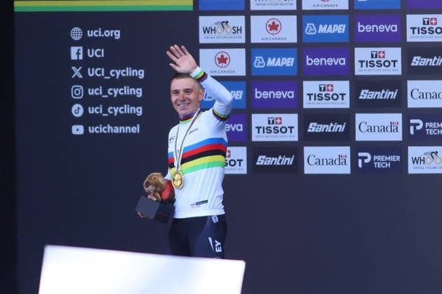 UCI Road World Championship, WM, Weltmeisterschaft Montreal 2026 Gold medalist Remco Evenepoel of Belgium celebrates on the podium during the Men Elite Individual Time Trial medal ceremony at the 2026 UCI Road World Championships on September 20, 2026, in Montreal, Canada. (Photo by Horacio Zamora Eyepix Group) Copyright: xHoracioxZamora xEyepixxGroupx HZ_20092026_197368