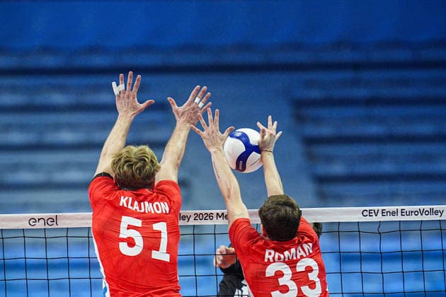 Czechia s Jakub Klajmon and Czechia s Ondrej Roman in action during the eight final match of the CEV Enel Eurovolley 2026, between Belgium and Czechia, at the Palavela in Turin, north west Italy - Monday, September 21, 2026. .  Copyright: xMarcoxAlpozzi LaPressex