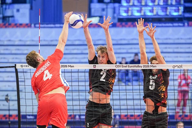 Czechia s Matous Drahonovsky and Belgium s Ferre Reggers, Belgium s Pieter Coolman in action during the eight final match of the CEV Enel Eurovolley 2026, between Belgium and Czechia, at the Palavela in Turin, north west Italy - Monday, September 21, 2026. .  Copyright: xMarcoxAlpozzi LaPressex