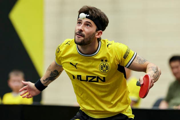 Joao Geraldo (Borussia Dortmund) kontrolliert den Ball waehrend des Spiels der 1. Tischtennis-Bundesliga der Herren zwischen Borussia Dortmund und dem TTC RhoenSprudel Fulda-Maberzell, Sporthalle Bruegmannstrasse am 21. September 2026 in Dortmund, Deutschland. (Foto von Marco Steinbrenner DeFodi Images) +++ Joao Geraldo (Borussia Dortmund) controls the ball during the 1st Men s Table tennis, Tischtennis Bundesliga match between Borussia Dortmund and TTC RhoenSprudel Fulda-Maberzell at Sporthalle Bruegmannstrasse on September 21, 2026 in Dortmund, Germany. (Photo by Marco Steinbrenner DeFodi Images) (Photo by Marco Steinbrenner DeFodi Images) -
