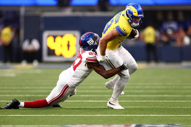 INGLEWOOD, CA - SEPTEMBER 21: New York Giants safety Tyler Nubin (27) tackles Los Angeles Rams wide receiver Jordan Whittington (88) during an NFL, American Football Herren, USA game between the New York Giants and the Los Angeles Rams on September 21, 2026, at SoFi Stadium in Inglewood, CA. (Photo by Karl Anderson Icon Sportswire) NFL: SEP 21 Giants at Rams EDITORIAL USE ONLY Icon272260921001