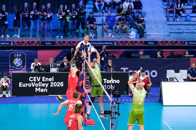 September 21, 2026, Turin, Italy: UroÅ¡ PlaninÅ¡i? of Slovenia (R) seen in action during the Final Eight of the CEV Enel EuroVolley 2026 Men match between Slovenia and Serbia at PalaVela. Slovenia wins the match against Serbia with a score 3-0. Turin Italy - ZUMAs197 20260921_aaa_s197_201 Copyright: xDavidexDixLallax