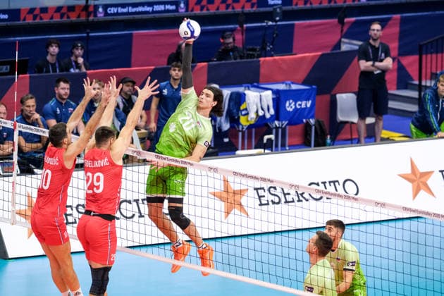 September 21, 2026, Turin, Italy: Nik Mujanovi? of Slovenia seen in action during the Final Eight of the CEV Enel EuroVolley 2026 Men match between Slovenia and Serbia at PalaVela Slovenia wins the match against Serbia with a score 3-0. Turin Italy - ZUMAs197 20260921_aaa_s197_212 Copyright: xDavidexDixLallax