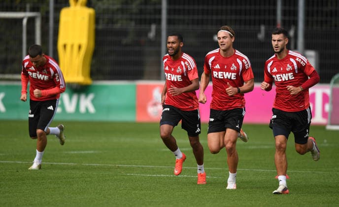22.09.2026, xophax, Fussball 1.Bundesliga, 1.FC Koeln Training . Training in der Länderspielpause. v.l.n.rechts : Said El Mala , Linton Maina , Loel Schmied und Tom Krauss ( alle 1.FC Köln ) Koeln