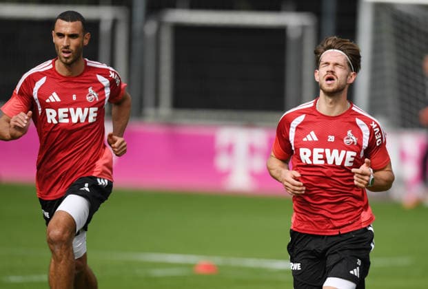22.09.2026, xophax, Fussball 1.Bundesliga, 1.FC Koeln Training . Training in der Länderspielpause. Ellyes Skhiri , links und Jan Thielmann, rechts ( beide 1.FC Köln ) Koeln