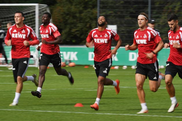 22.09.2026, xophax, Fussball 1.Bundesliga, 1.FC Koeln Training . Training in der Länderspielpause. v.l.n.rechts : Said El Mala , Ragnar Ache , Linton Maina ,Joel Schmied , Tom Krauss ( alle 1.FC Köln ) Koeln