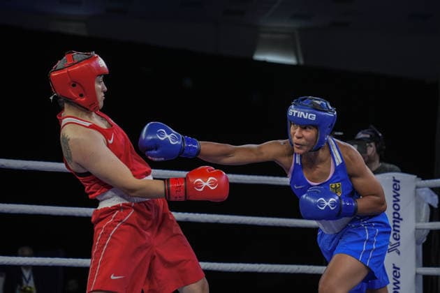 2026 European Boxing Championships in Bulgaria SOFIA, BULGARIA - SEPTEMBER 22: Busenaz Surmeneli (red) of Turkiye and Leonie Muller (blue) of Germany compete in the women s 70kg category during the 2026 European Boxing Championships at Asics Arena in Sofia, Bulgaria, on September 22, 2026. Osmancan Gurdogan Anadolu Sofia Bulgaria. Editorial use only. Please get in touch for any other usage.  Copyright: x2026xAnadoluxOsmancanxGurdoganx