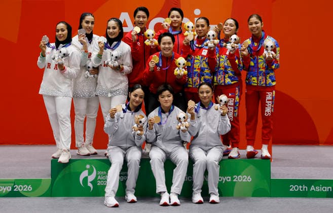 Toyohashi Japan , Sep 22 (ANI): Asian Games - Aichi-Nagoya 2026 - Karate - Women s Team Kata - Victory Ceremony - Toyohashi City General Gymnasium, Toyohashi, Japan - September 22, 2026 Gold medallists Vietnam s Ngoc Tram Nguyen, Ngoc Nhi Bui and Thi Thu Uyen Hoang celebrate on the podium after winning the Women s Team Kata with silver medallists Iran s Fatemeh Sadeghi Dastak, Zeynabalsadat Hosseini and Sepideh Amini Soumeh Kabodin and bronze medallists Philippines Samantha Emmanuelle Veguillas, Ysabielle Arrogante and Rebecca Cyril Torres and Taiwan s Hsin-erh Tien, Chih-hsuan Hung and Hui-hsuan Chien. REUTERS ANI Photo. Asian Games - Aichi-Nagoya 2026 AndrewxCouldridge 