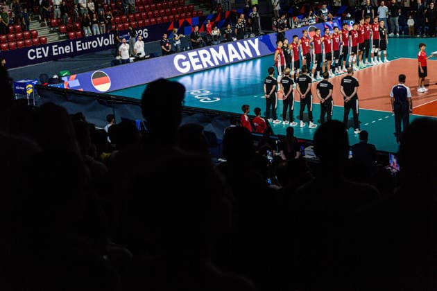 IPA88834606 - Team Germany during the national anthem before the CEV Enel Eurovolley 2026 quarterfinal match between Poland and Germany—Arena 8888 in Sofia, Bulgaria, on September 22, 2026  Copyright: xIvanxSxIvanov IPAxSportx xx IPA88834606