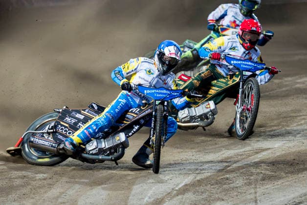 260922 Västerviks Mads Hansen och Max Fricke under final tva i Elitserien mellan Västervik och Dackarna malilla den 22 september 2026 i Västervik. Copyright: OSCARxWALLIN BB260922BB445