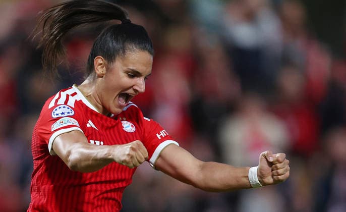 Football Women Uefa Champions League 2026 - 2027 Bayern Munchen vs Manchster City Damnjanovic Jovana of Bayern Munich celebrates after scoring 2-0 during the Women Uefa Champions League 2026 - 2027 football match between Bayern Munchen and Manchester City at Sportpark Stadium in Unterhaching , Bayern , Germany . September 22th , 2026 Copyright: xDavidexEliasx