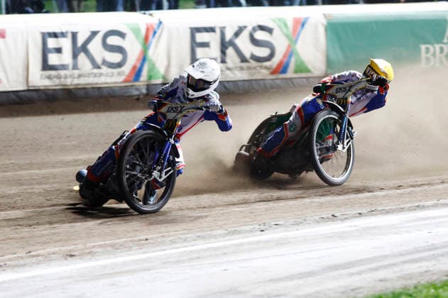 VÄSTERVIK, SWEDEN 20260922 Dackarna s Andreas Lyager and Thomas Jonasson in the eighth heat during Tuesday s decisive Swedish Championship final in speedway between Västervik and Dackarna at Hejla Arena in Västervik. VÄSTERVIK SWEDEN x60160x
