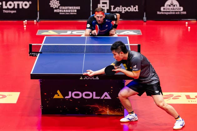 22.09.2026, GER, Tischtennis, Maenner, Saison 26 27, Post SV Muehlhausen - Borussia Duesseldorf Steffen Mengel (Post SV Muehlhausen) verliert gegen Yongyin Li (Borussia Duesseldorf) in 0:3 Saetzen 99974 Muehlhausen LOTTO Thüringen Center Court Thueringen Thüringen Deutschland
