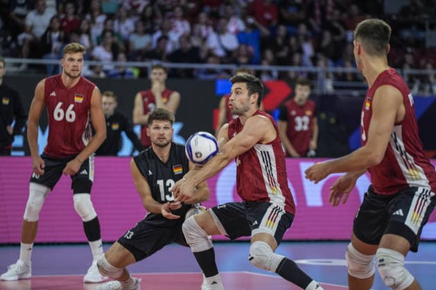 Poland v Germany - CEV Men s European Volleyball Championship 2026 quarterfinal SOFIA, BULGARIA - SEPTEMBER 22: Tobias Brand (2nd R) of Germany in action during the CEV Men s European Volleyball Championship 2026 quarterfinal match between Poland and Germany at Arena 8888 in Sofia, Bulgaria on September 22, 2026. Osmancan Gurdogan Anadolu Sofia Bulgaria. Editorial use only. Please get in touch for any other usage.  Copyright: x2026xAnadoluxOsmancanxGurdoganx