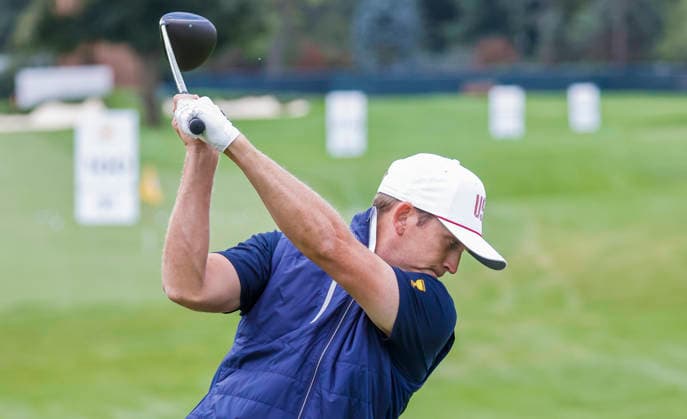 Jacob Bridgteman of the US hits on the driving range during practice for the Presidents Cup golf tournament at Medinah Country Club in Medinah, Illinois on Tuesday, September 22, 2026. Competition between the USA and the International team begins on Thursday, September 24 with Four-Ball play.  MED20260922908 TANNENxMAURY
