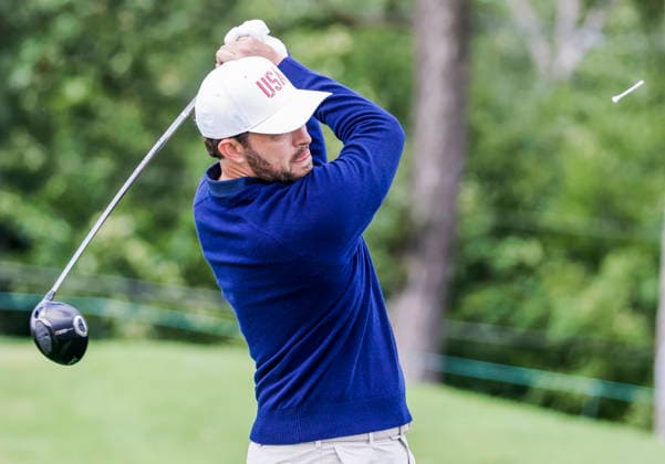 Patrick Cantlay of the US sends his tee flying as he hits a tee shot on the twelfth during practice for the Presidents Cup golf tournament at Medinah Country Club in Medinah, Illinois on Tuesday, September 22, 2026. Competition between the USA and the International team begins on Thursday, September 24 with Four-Ball play.  MED20260922916 TANNENxMAURY