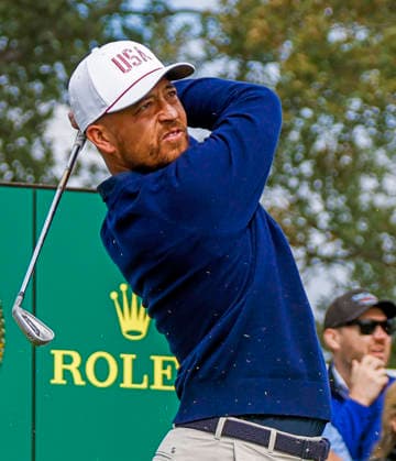 Xander Schauffele of the US hits a tee shot on the twelfth hole during practice for the Presidents Cup golf tournament at Medinah Country Club in Medinah, Illinois on Tuesday, September 22, 2026. Competition between the USA and the International team begins on Thursday, September 24 with Four-Ball play.  MED20260922903 TANNENxMAURY