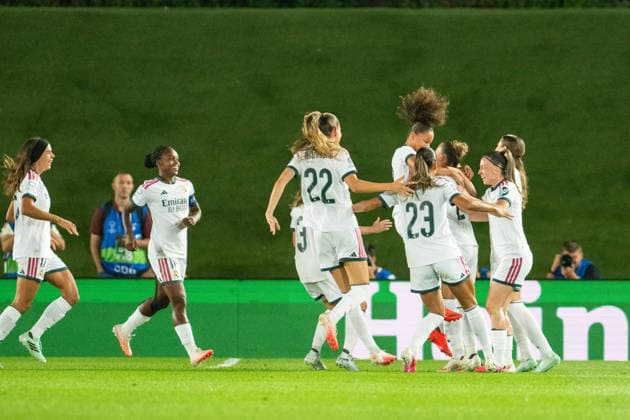 MADRID, SPAIN - SEPTEMBER 22: Real Madrid Players celebrate goal from Felicia Schroder (12) min 2, 1-0 for Real Madrid during the UEFA Womens champions league match between Real Madrid and Paris Saint Germain, league phase, on September 22, 2026 in Madrid, Spain. Copyright: xAdelinaxCobos SPPx Sportspressphoto_SPR237304