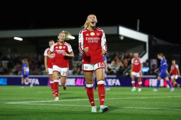 Arsenal v HB Koge Women 22 September 2026, Borehamwood - UEFA Women™s Champions League - Arsenal v HB Koge Women - Chloe Kelly of Arsenal celebrates scoring the opening goal before it is disallowed by VAR - Photo: Charlotte Wilson Offside. Borehamwood UK Copyright: xCharlottexWilsonx xOffsidexOffside