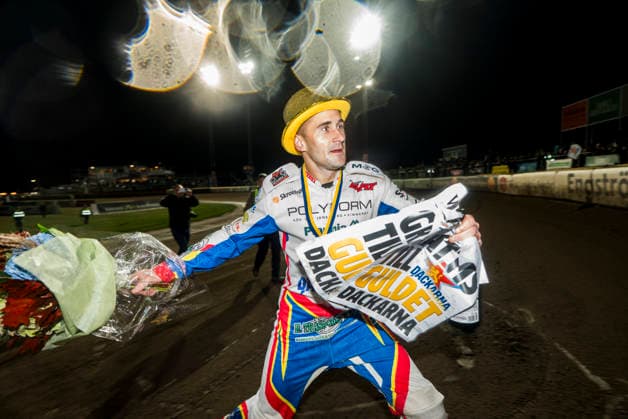 260922 Dackarna malillas Andreas Lyager jublar efter final tva i Elitserien mellan Västervik och Dackarna malilla den 22 september 2026 i Västervik. Copyright: OSCARxWALLIN BB260922BB619