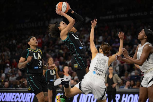September 22, 2026, Las Vegas, Nevada, USA: Las Vegas Aces lead Los Angeles Sparks 42-33 during halftime of the WNBA, Basketball Damen, USA Regular Season at the Michelob ultra arena in Las Vegas. Las Vegas USA - ZUMAo117 20260922_zsp_o117_007 Copyright: xMikaelxOnax