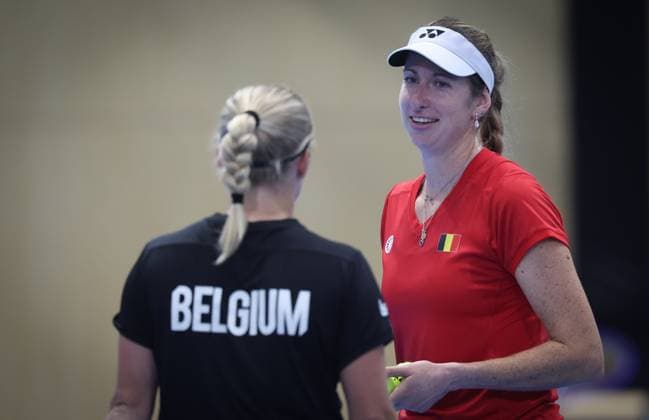 Belgian Magali Kempen and Belgian Lara Salden pictured during a training session for the Finals of the Billie King Cup tournament, on Wednesday 23 September 2026 in Shenzhen, China. Tomorrow, Belgium will play in Quarterfinals against Ukraine. VIRGINIExLEFOUR  x187549002x