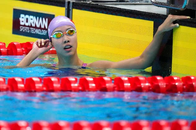 (260923) -- TOKYO, Sept. 23, 2026 -- Peng Xuwei of China reacts after the women s 100m backstroke final at the 20th Asian Games Aichi-Nagoya 2026 in Tokyo, Japan, Sept. 23, 2026. ) (SP)JAPAN-TOKYO-ASIAN GAMES-SWIMMING-WOMEN S 100M BACKSTROKE ChenxZeguo 
