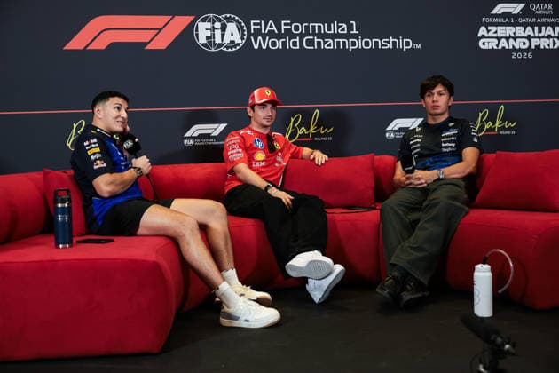 F1 - AZERBAIJAIN GRAND PRIX 2026 HADJAR Isack (fra), Red Bull Racing Ford RB22, portrait, LECLERC Charles (mco), Scuderia Ferrari SF-26, portrait and ALBON Alexander (tha), Williams F1 Team FW48, portrait press conference, PK, Pressekonferenz during the 2026 Formula 1 Azerbaijan Grand Prix, 15th round of the 2026 Formula One World Championship, WM, Weltmeisterschaft from September 24 to 26, 2026 on the Baku City Circuit, in Baku, Azerbaijan - BakuAzerbaijan Copyright: xEricxAlonsox