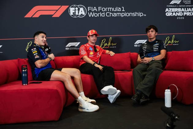 F1 - AZERBAIJAIN GRAND PRIX 2026 HADJAR Isack (fra), Red Bull Racing Ford RB22, portrait, LECLERC Charles (mco), Scuderia Ferrari SF-26, portrait and ALBON Alexander (tha), Williams F1 Team FW48, portrait press conference, PK, Pressekonferenz during the 2026 Formula 1 Azerbaijan Grand Prix, 15th round of the 2026 Formula One World Championship, WM, Weltmeisterschaft from September 24 to 26, 2026 on the Baku City Circuit, in Baku, Azerbaijan - BakuAzerbaijan Copyright: xEricxAlonsox
