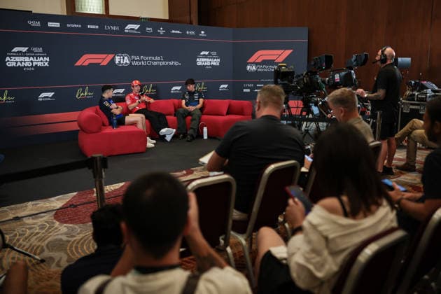 F1 - AZERBAIJAIN GRAND PRIX 2026 HADJAR Isack (fra), Red Bull Racing Ford RB22, portrait, LECLERC Charles (mco), Scuderia Ferrari SF-26, portrait and ALBON Alexander (tha), Williams F1 Team FW48, portrait press conference, PK, Pressekonferenz during the 2026 Formula 1 Azerbaijan Grand Prix, 15th round of the 2026 Formula One World Championship, WM, Weltmeisterschaft from September 24 to 26, 2026 on the Baku City Circuit, in Baku, Azerbaijan - BakuAzerbaijan Copyright: xEricxAlonsox