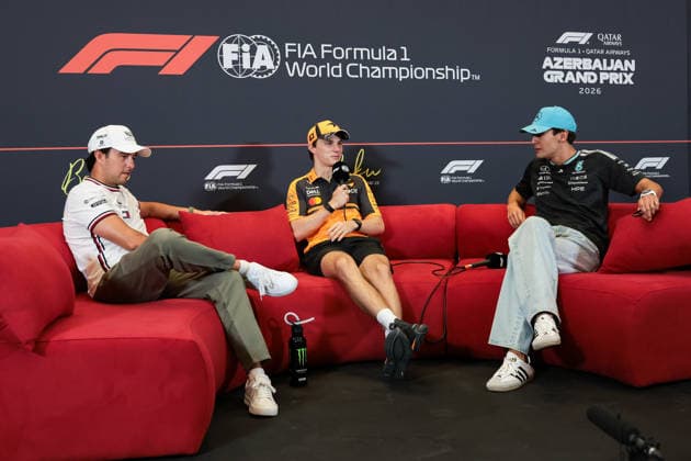 F1 - AZERBAIJAIN GRAND PRIX 2026 PEREZ Sergio (mex), Cadillac F1 Team MAC-26, portrait, PIASTRI Oscar (aus), McLaren F1 Team MCL40, portrait and RUSSELL George (gbr), Mercedes AMG F1 Team W17, portrait press conference, PK, Pressekonferenz during the 2026 Formula 1 Azerbaijan Grand Prix, 15th round of the 2026 Formula One World Championship, WM, Weltmeisterschaft from September 24 to 26, 2026 on the Baku City Circuit, in Baku, Azerbaijan - BakuAzerbaijan Copyright: xEricxAlonsox