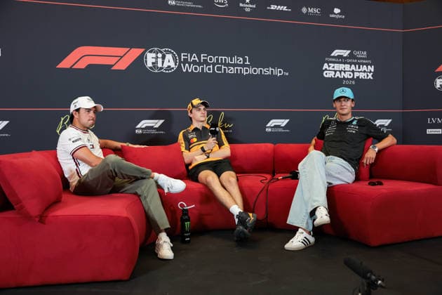 F1 - AZERBAIJAIN GRAND PRIX 2026 PEREZ Sergio (mex), Cadillac F1 Team MAC-26, portrait, PIASTRI Oscar (aus), McLaren F1 Team MCL40, portrait and RUSSELL George (gbr), Mercedes AMG F1 Team W17, portrait press conference, PK, Pressekonferenz during the 2026 Formula 1 Azerbaijan Grand Prix, 15th round of the 2026 Formula One World Championship, WM, Weltmeisterschaft from September 24 to 26, 2026 on the Baku City Circuit, in Baku, Azerbaijan - BakuAzerbaijan Copyright: xEricxAlonsox