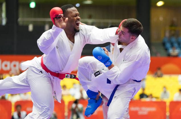 (260923) -- TOYOHASHI, Sept. 23, 2026 -- Mahmoud Nemati (R) of Iran competes against Sanad Hassan Y Sufyani of Saudi Arabia during the men s kumite +84kg final of Karate at the 20th Asian Games Aichi-Nagoya 2026 in Toyohashi of Aichi Prefecture, Japan, Sept. 23, 2026. ) (SP)JAPAN-TOYOHASHI-ASIAN GAMES-KARATE-MEN S KUMITE +84KG FINAL WangxFei 