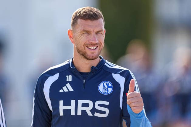23.09.2026, Fussball, Training des FC Schalke 04. Edin Dzeko (FC Schalke 04) optimistisch fröhlich Gelsenkirchen Trainingsgelände FC Schalke 04 NRW Deutschland xRHR-FOTO YYx Copyright: RHR-FOTOx RHR-FOTO YY