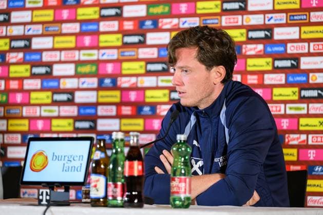 SOCCER - NL, AUT vs ISR WINDISCHGARSTEN,AUSTRIA,23.SEP.26 - SOCCER - UEFA Nations League, group stage, OEFB international match, Länderspiel, Nationalmannschaft Austria vs Israel, preview, press conference, PK, Pressekonferenz team AUT. Image shows Michael Gregoritsch (AUT). GEPAxpictures xChristianxMoser