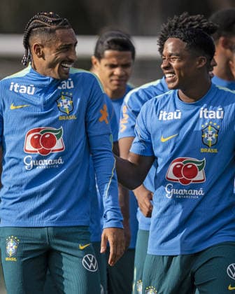 BRISBANE, AUSTRALIA, SEPTEMBER 23: Raphinha and Endrick of Brazil during a Brazilian national team, Nationalteam (Seleção Brasileira) training session at the Ballymore Stadium Annex in Brisbane, Australia. (Photo by Ricardo Noigueira Sports Press Photo) Copyright: xRicardoxNogueira SportsxPressxPhotox Sportspressphoto_SPR237542