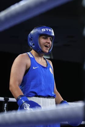 2026 European Boxing Championships SOFIA, BULGARIA - SEPTEMBER 23: Busenaz Surmeneli of Turkiye (blue) in action against Nadezhda Golubeva of Russia (red) during the Women s 70kg category match at the 2026 European Boxing Championships held at the Asics Arena in Sofia, Bulgaria, on September 23, 2026. Osmancan Gurdogan Anadolu Sofia Bulgaria. Editorial use only. Please get in touch for any other usage.  Copyright: x2026xAnadoluxOsmancanxGurdoganx