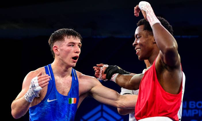 2026 European Boxing Elite Championships, Asics Arena Sports Hall, Sofia, Bulgaria 23 9 2026 Men s 60kg Quarter-Final Cuba™s Ewart AndrÃ Ewart AndrÃ s Marin Hernandez is declared as the winner against Jude Gallagher 23 9 2026  Copyright: xx VD5_4590